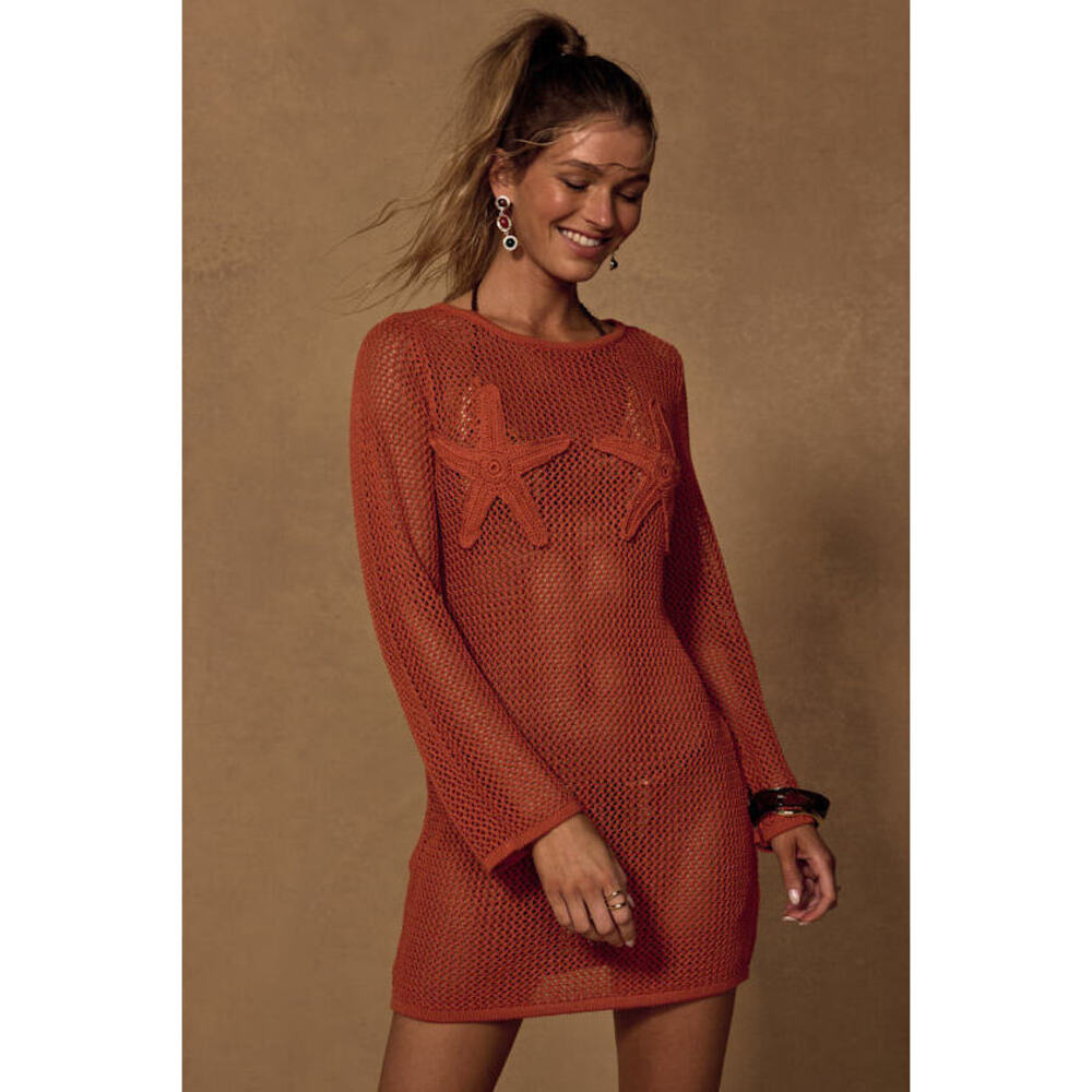 Lulus Arizbeth Rusty Red Crochet Starfish Long Sleeve Swim Cover-up - Size XL